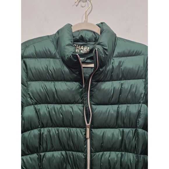 Michael Kors Green Longline Belted Puffer Coat Removable Faux Fur Collar Size M - Picture 3 of 16